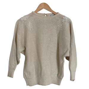 VTG Marigot Classic Womens Elegant Cream Sweater Embellished Shoulders Size L
